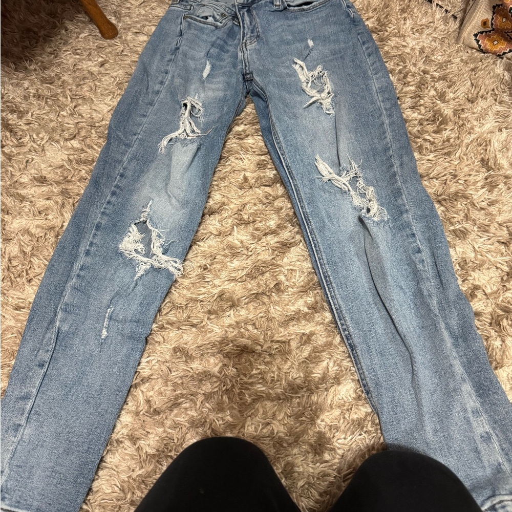 Fashion Nova Light Blue Distressed Straight Leg Jeans